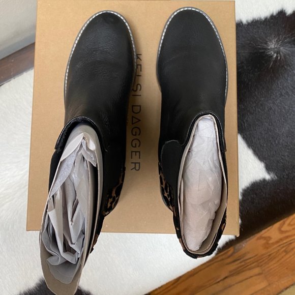 KELSI DAGGER BROOKLYN Forest Chelsea Boot In Black Leather/ Leopard Velvet SZ 8M - Picture 8 of 8